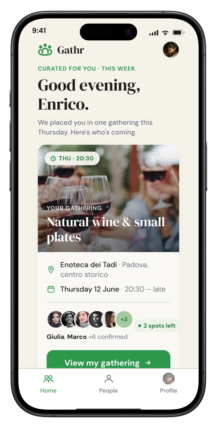 Gathr app home — a gathering curated for you this week