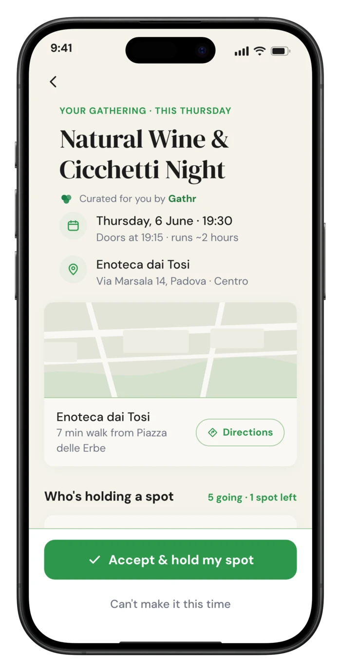 Gathr app gathering details — venue, time, and one tap to hold your spot